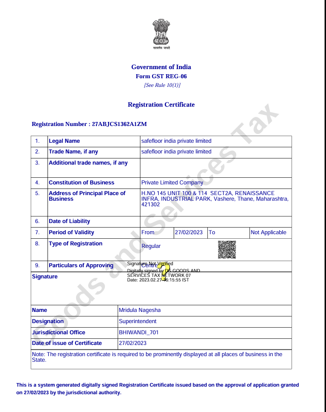 SafeFloor GST Registration